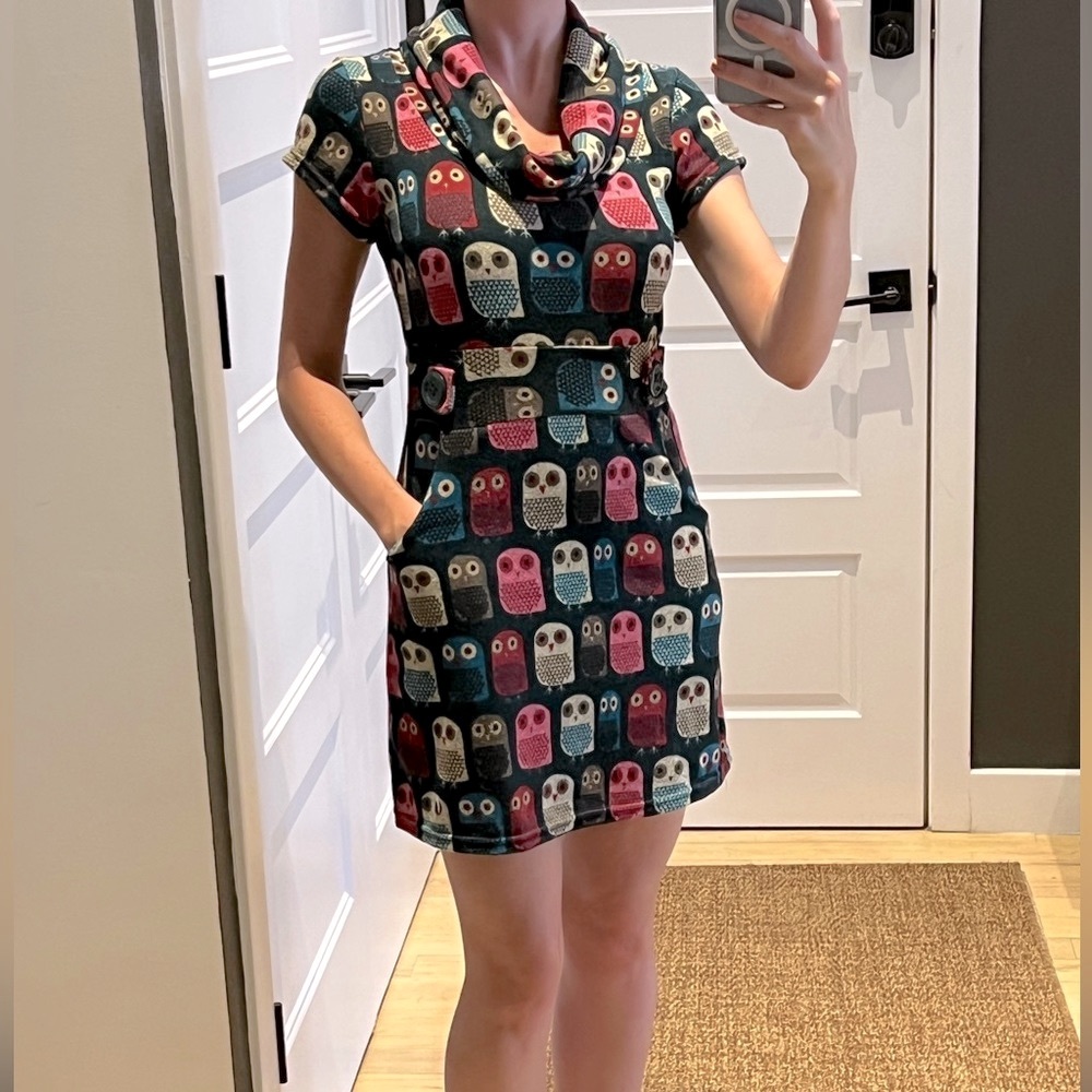 Hunter Green Owl print mini dress from MOS, Barcelona, size Small.